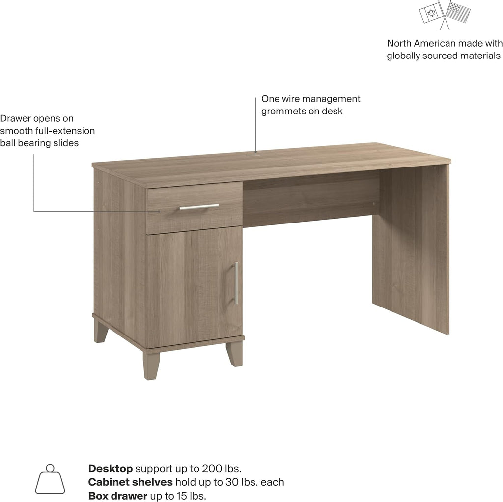 Bush Home 54-Inch Office Desk with Drawer and Storage Cabinet, Computer Desk with Box Drawer and Adjustable Shelf, Home Office Workstation Furniture, Somerset Collection, Ash Gray