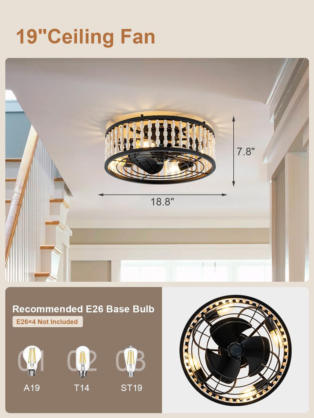 20' Boho Ceiling Fan with Light, Farmhouse Wood Beaded Low Profile Ceiling Fan with Remote, Flush Mount/6-Speed/Timer/Quiet DC Motor/Reversible