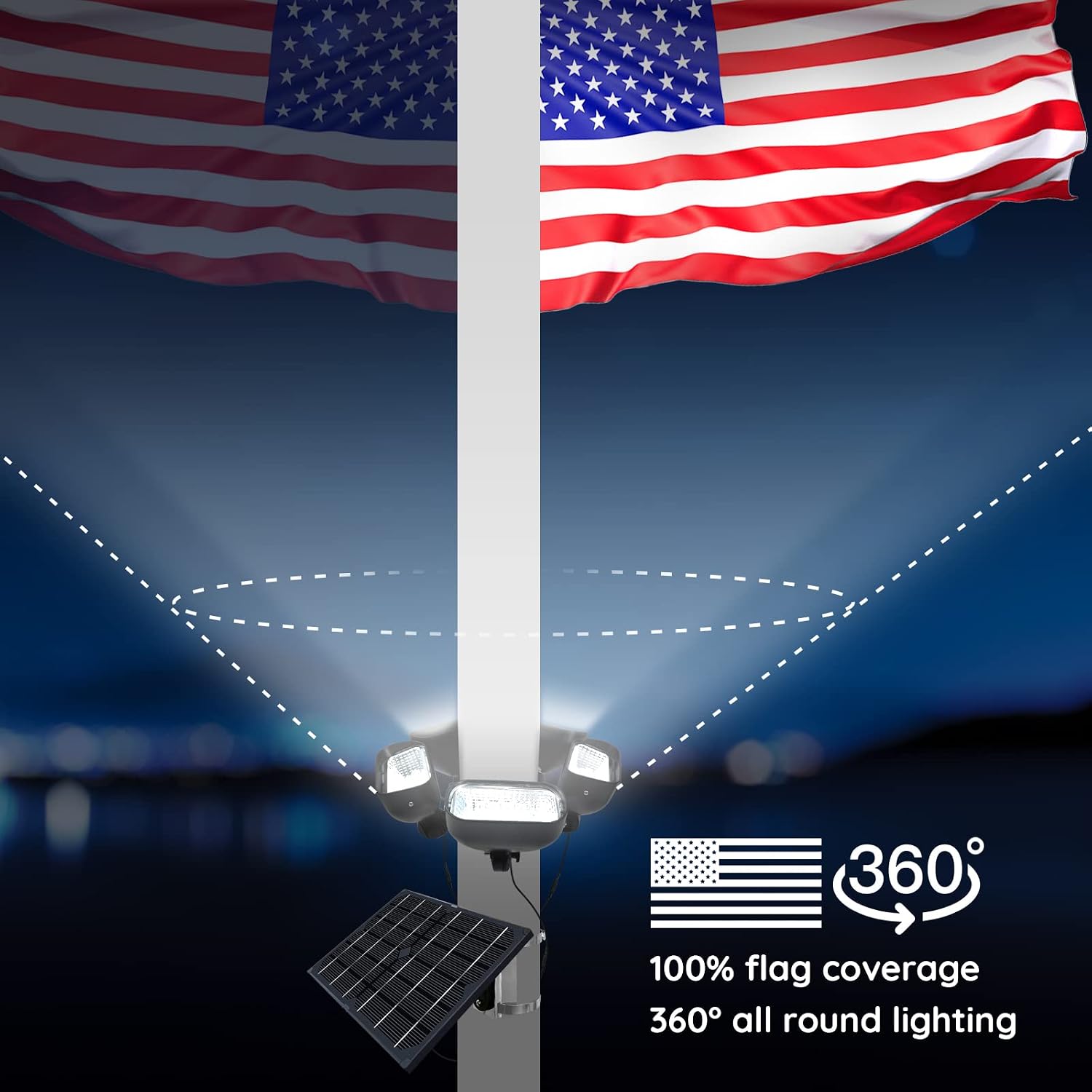 Solar Flag Pole Light for 15-40ft Flagpole, 5 Super-Spotlights | 12000 MAH, Adjustable Clamps Fits 2-6'' Diameter Inground Flag Poles Coverage, Light Up American Flag Outdoor from Dusk to Dawn