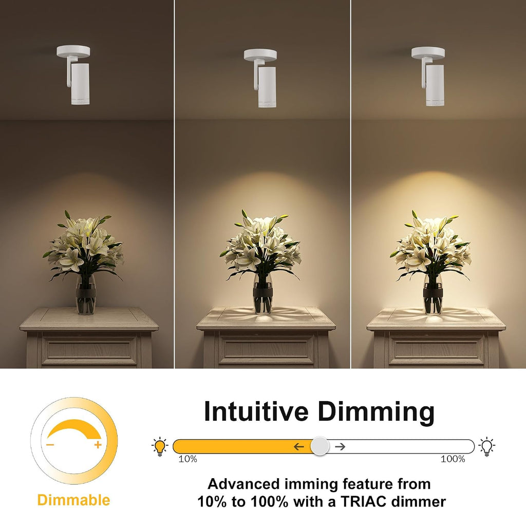12W LED Dimmable Zoomable Ceiling Spotlight Indoor – Adjustable Surface Mount Accent Light for Home Corridor, Picture, Plants & Artwork | Warm White 3000K CRI 97, White 4 Packs