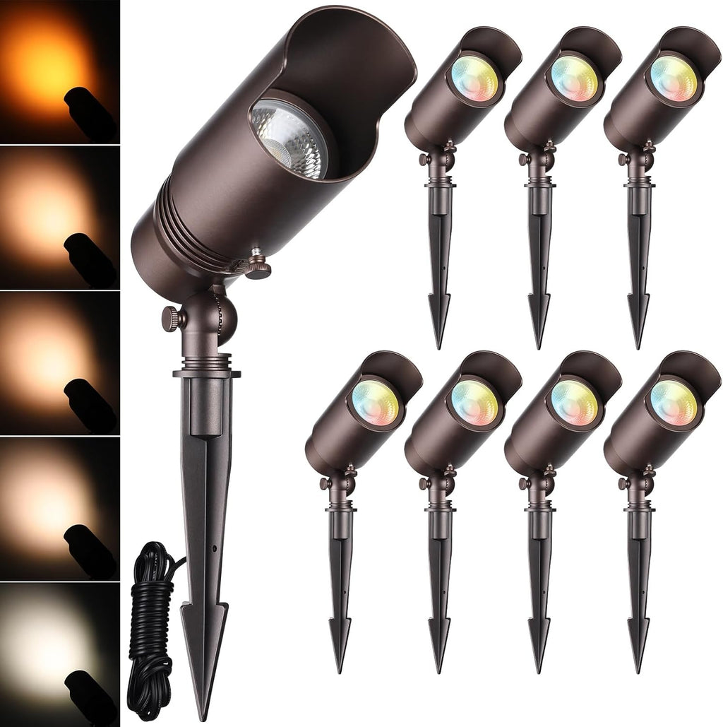 LEONLITE 5CCT Low Voltage LED Landscape Spotlight, 7W LED Spot Lights Outdoor for Garden Yard, Adjustable Beam Angle, 12-24V AC/DC, Aluminum, IP65 Waterproof, CRI90, ETL, Oil Rubbed Bronze, Pack of 8