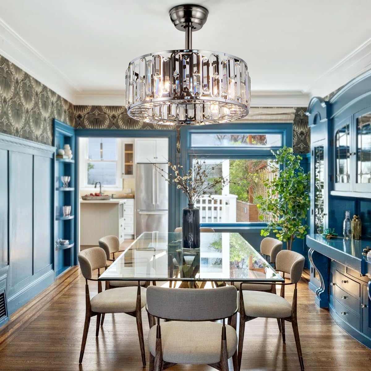 18' Crystal Chandelier Ceiling Fan with Light and Remote, Industrial Enclosed Bladeless Silver Fandelier Ceiling Fan 3 Speeds Timer for Farmhouse Kitchen Island