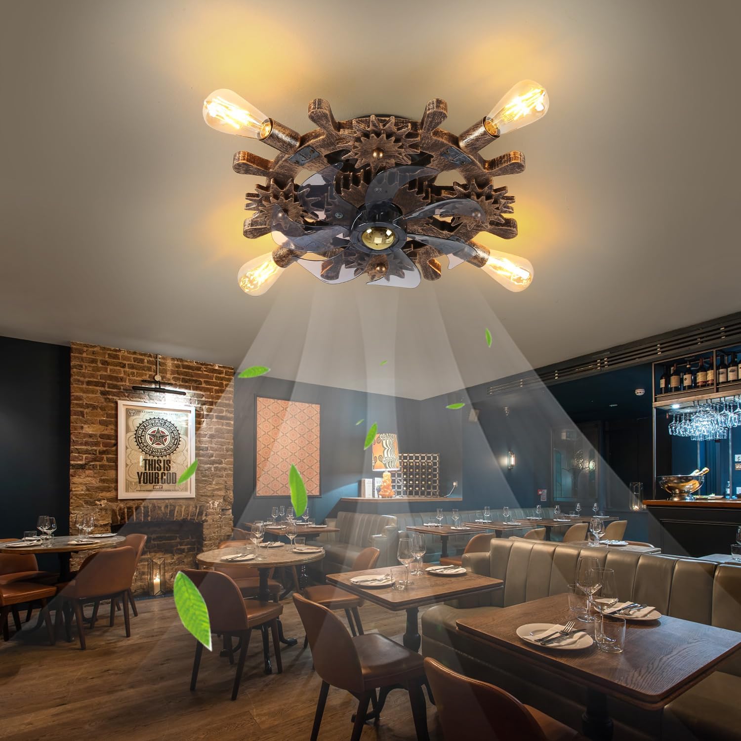 18.9' Vintage Industrial Small Ceiling Fans with Lights and Remote,Wooden Rudder Low Profile Fandelier Ceiling Fan with Light,Flush Mount Bladeless Ceiling Fan for Kitchen,Bedroom,Cafe Bar