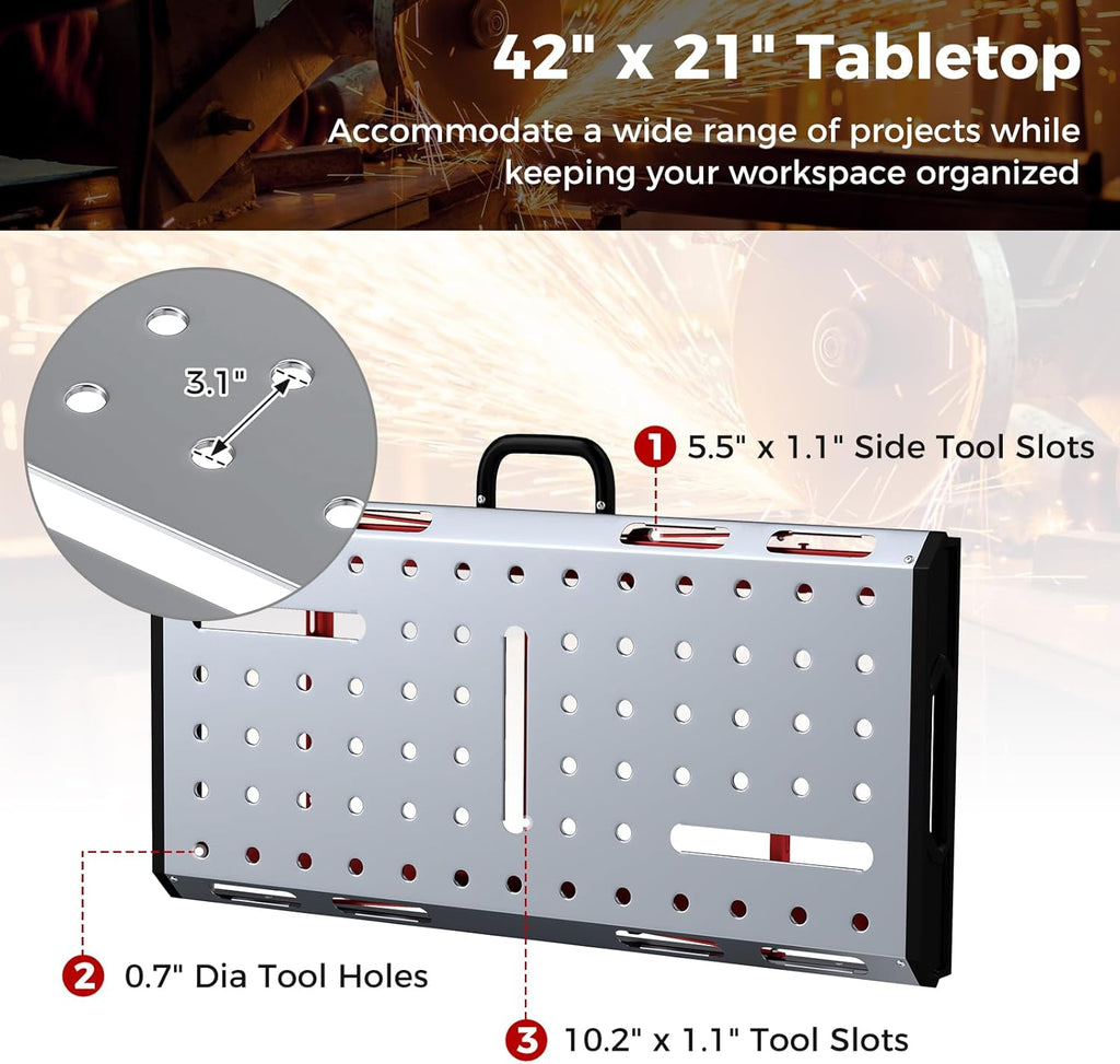 Goplus Portable Welding Table, 42' x 21' Folding Height Adjustable Weld Table Top w/1000LBS Capacity, 2 Bar Clamps, 8 Tool Slots, Handle, 0.7' Holes, Heavy-Duty Workbench Fixture Table for Garage