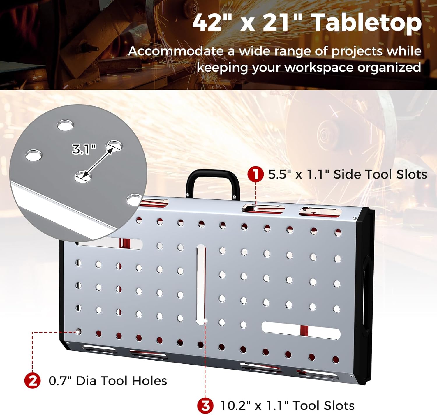Goplus Portable Welding Table, 42' x 21' Folding Height Adjustable Weld Table Top w/1000LBS Capacity, 2 Bar Clamps, 8 Tool Slots, Handle, 0.7' Holes, Heavy-Duty Workbench Fixture Table for Garage