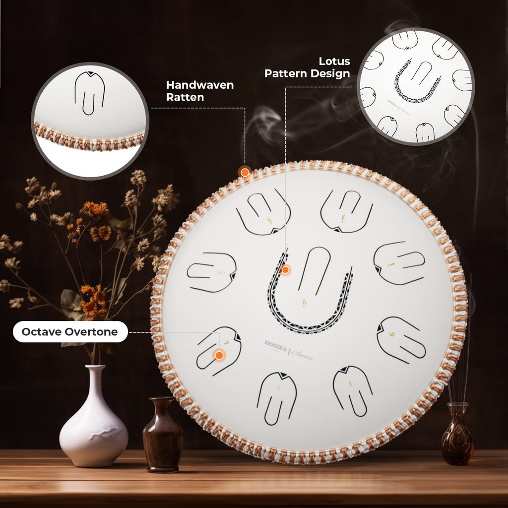 MOOZICA Steel Tongue Drum, 14' Portable Amara Scale Handpan With Octave Overtone Design, For Beginner and Professional (Amara, White)