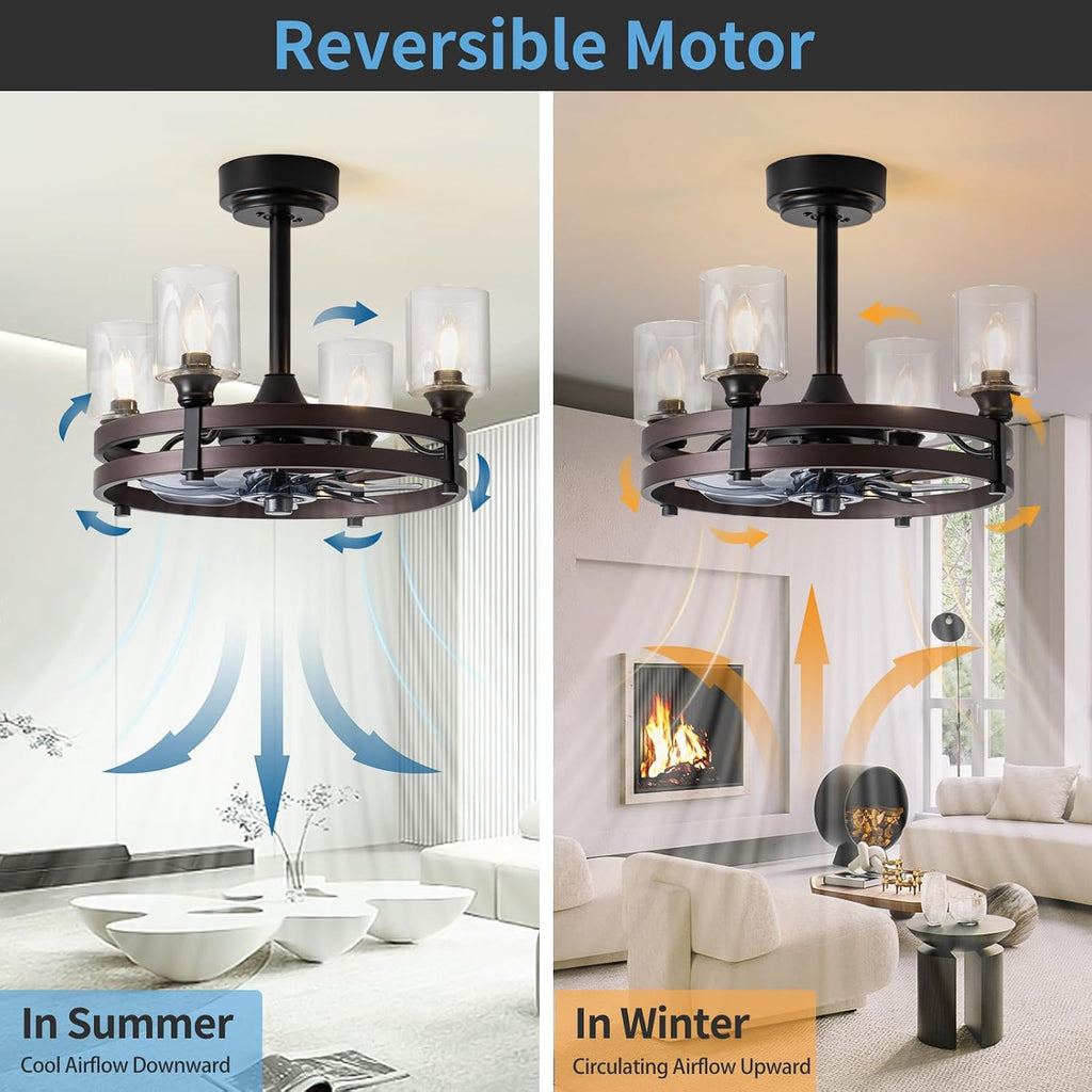Caged Ceiling Fan with Light, 21' Farmhouse Ceiling Fan with Light for Bedroom/Kitchen/Dining/Room, Black Ceiling Fan with Lights Remote Control, DC Motor, Four LED Lights, Indoor, Bronze