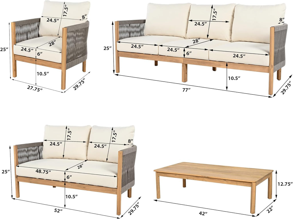 Christopher Knight Home Havets 5 Pieces Outdoor Acacia Furniture Set, Woven Rope Loveseat and Accent Club Chairs, 6' Thick Cushions Sofa and Coffee Table Set for Backyard Garden Balcony, Gray+Beige