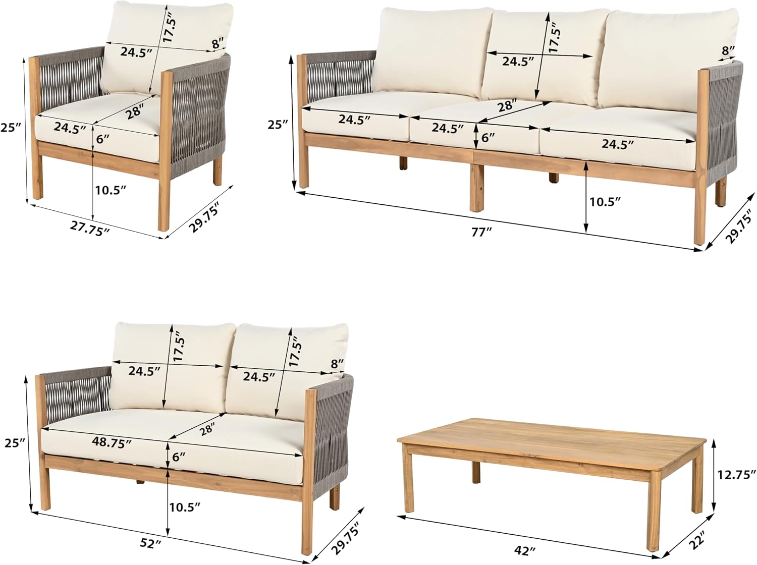 Christopher Knight Home Havets 5 Pieces Outdoor Acacia Furniture Set, Woven Rope Loveseat and Accent Club Chairs, 6' Thick Cushions Sofa and Coffee Table Set for Backyard Garden Balcony, Gray+Beige