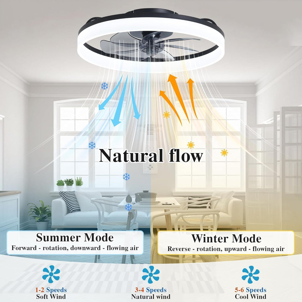Ceiling Fans with Lights and Remote Fandelier - 20'' Flush Mount Low Profile Modern Black Ceiling Fans for Bedroom - Stepless Color Temperature Change and 6 Speeds, Black