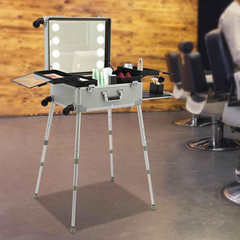 21'' Aluminum Lockable Makeup Travel Case, Rolling Makeup Train Case with LED Lights Mirror & Socket and Charging Ports, Makeup Vanity Station for Makeup Artists, Hairdressers, Beauticians (Silver)
