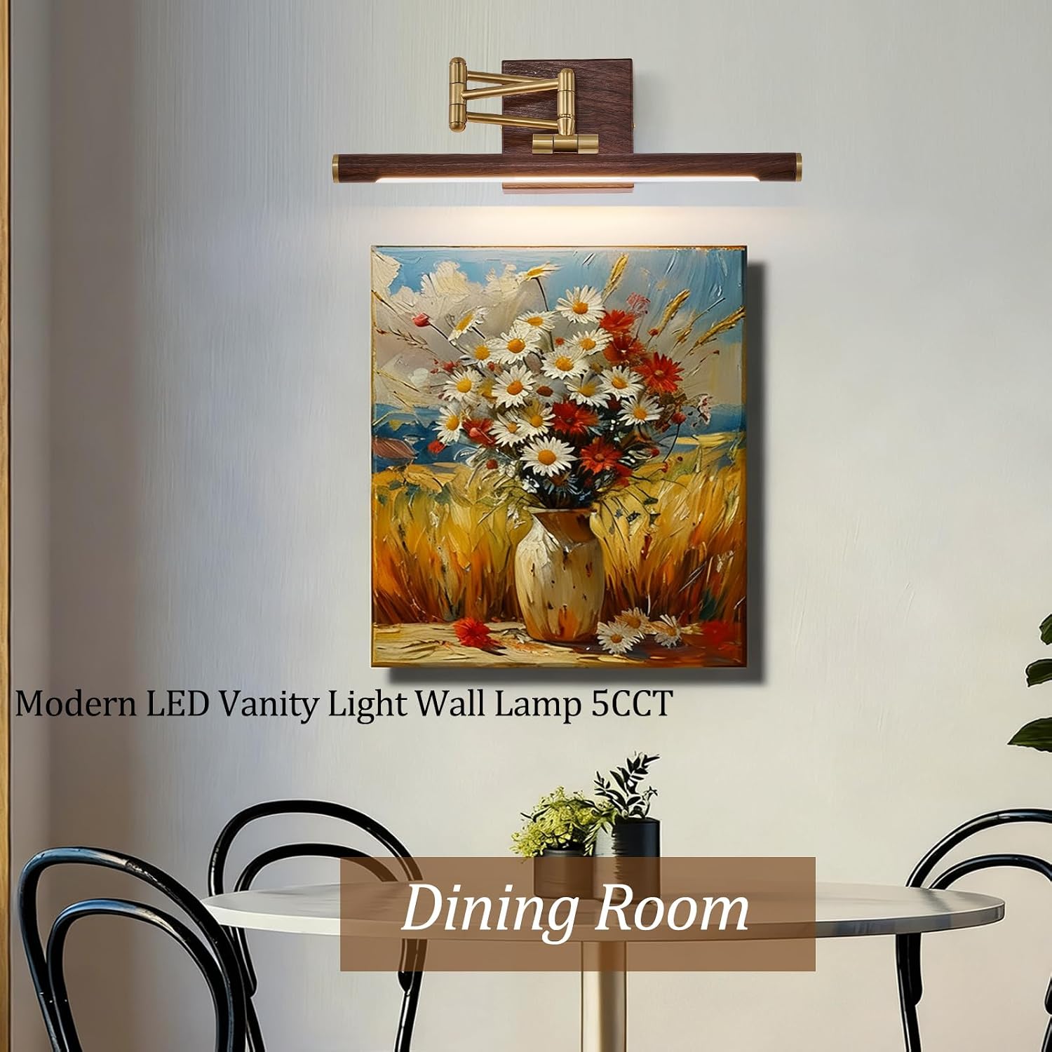 2 Pack Hardwired Dimmable LED Picture Light, Adjustable Swing Arm Wall Art Lamp, Brass Walnut Wood Finish Gallery Lighting for Painting Mirror Artwork Wall Decor