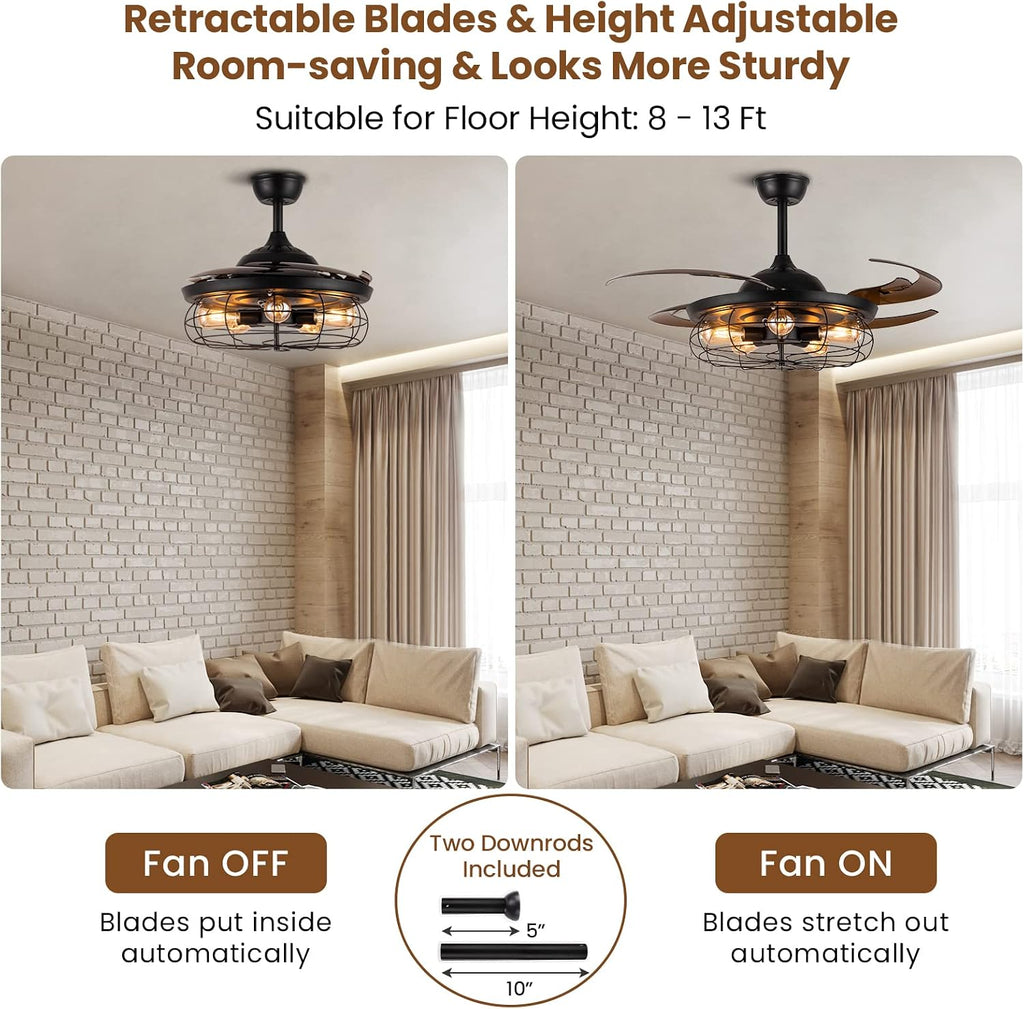 Siljoy Retractable Ceiling Fan with Lights Black Industrial Caged Ceiling Fan with Remote Controller Farmhouse Chandelier Fan with Lights for Living Room Bedroom Patio (48 Inches, 5 Lights)