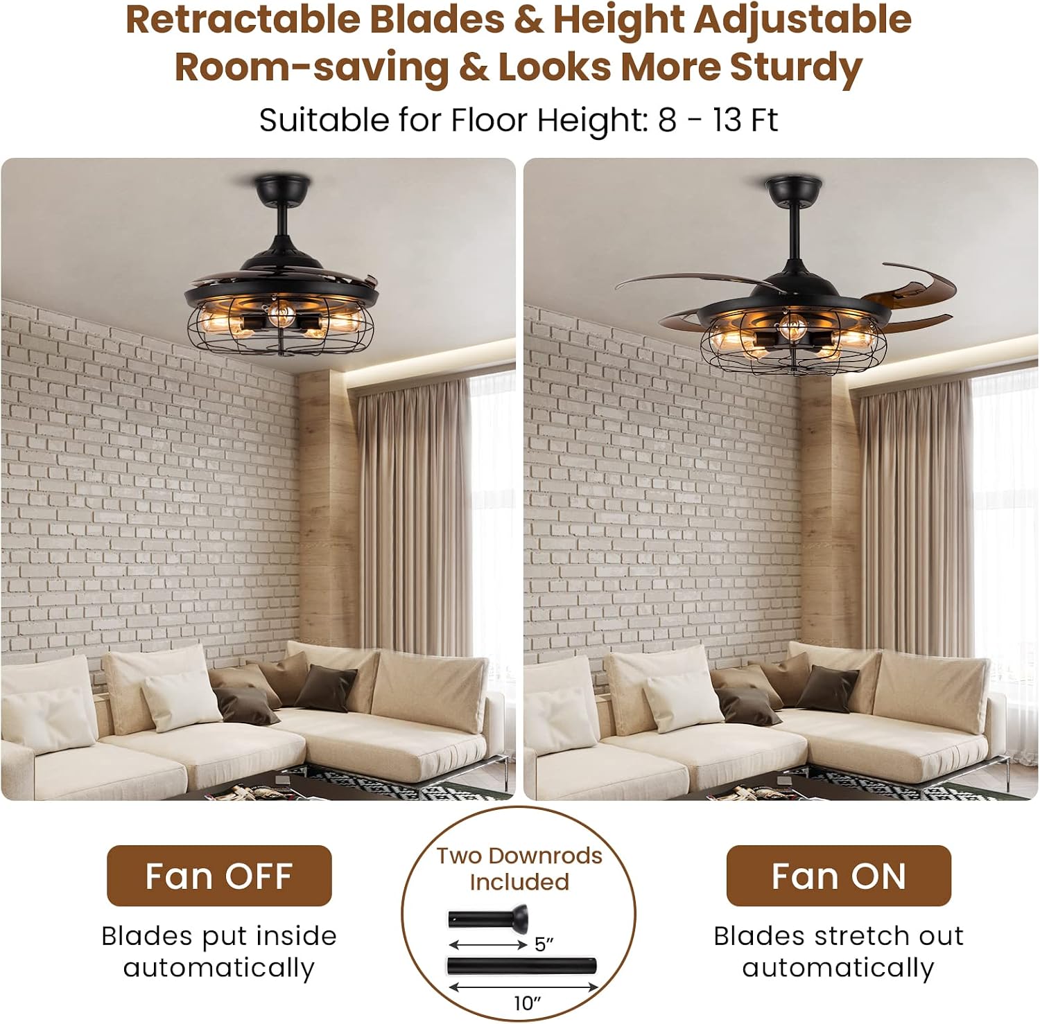 Siljoy Retractable Ceiling Fan with Lights Black Industrial Caged Ceiling Fan with Remote Controller Farmhouse Chandelier Fan with Lights for Living Room Bedroom Patio (48 Inches, 5 Lights)