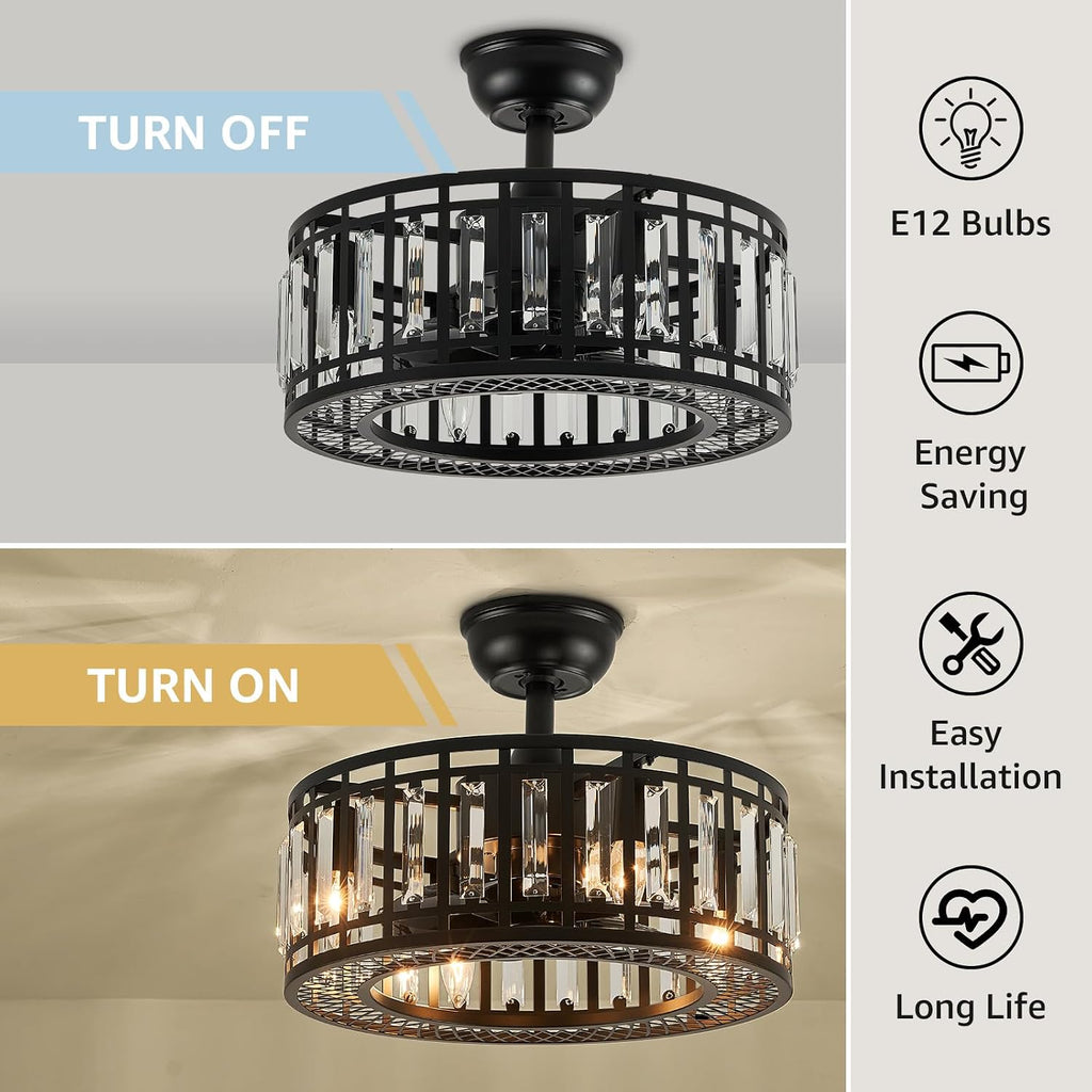 18' Black Crystal Caged Ceiling Fan with Light and Remote, Industrial Caged Chandelier Fan 8-Blade Fandelier Modern Enclosed Ceiling Fan for Kitchen Dining Room Living Room