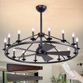 COCOSTAR 44' Black Wagon Wheel Ceiling Fan with 16-Lights, Adjustable Height Farmhouse Fandelier Chandelier for Living Room, E12 Bulb Compatible, Perfect for Summer Cooling and Winter Air Circulation