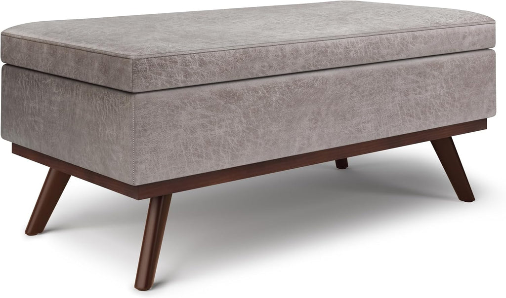SIMPLIHOME Owen Lift Top Coffee Table Storage Ottoman - 42 inch Wide Upholstered Vegan Leather Rectangular Lift-Top Ottoman in Distressed Grey Taupe, Mid-Century Modern Ottoman for Living Room