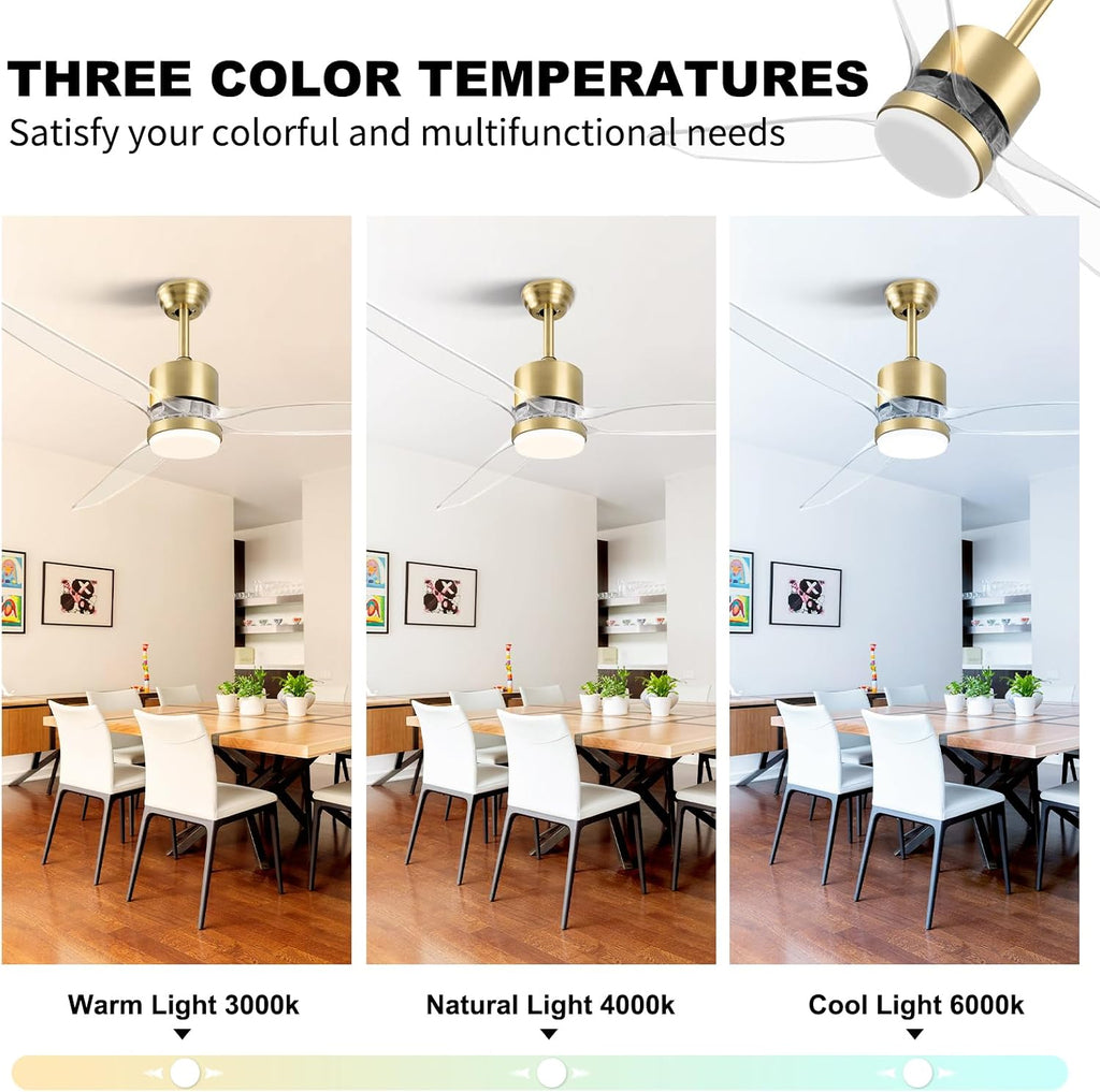 OKELI Clear Ceiling Fan with Light, 52 Inch Gold Transparent Ceiling Fans with Light and Remote 3 Reversible Blade LED Ceiling Fan and Light Combo for Living Room, Bedroom, Patio