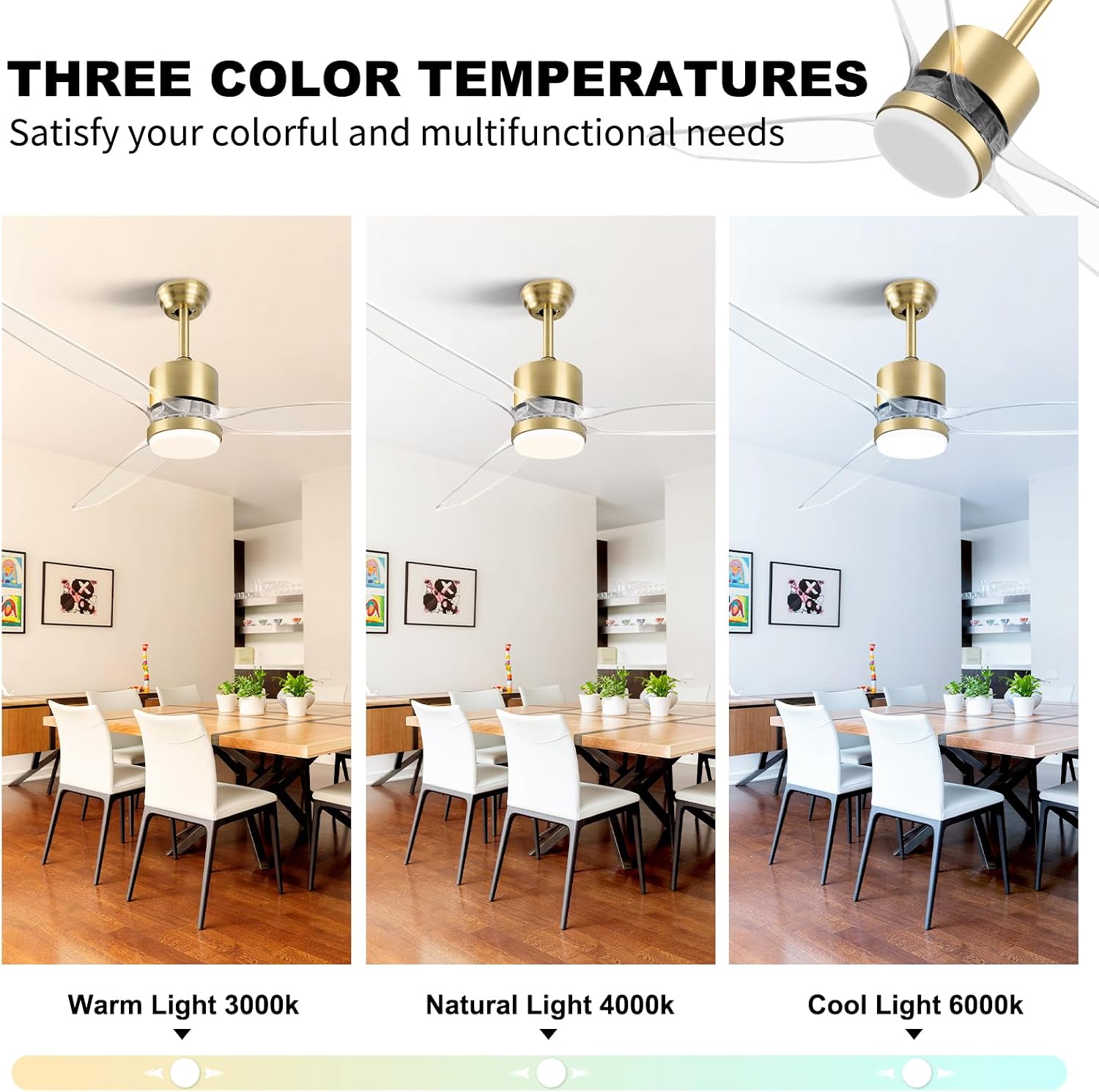 OKELI Clear Ceiling Fan with Light, 52 Inch Gold Transparent Ceiling Fans with Light and Remote 3 Reversible Blade LED Ceiling Fan and Light Combo for Living Room, Bedroom, Patio