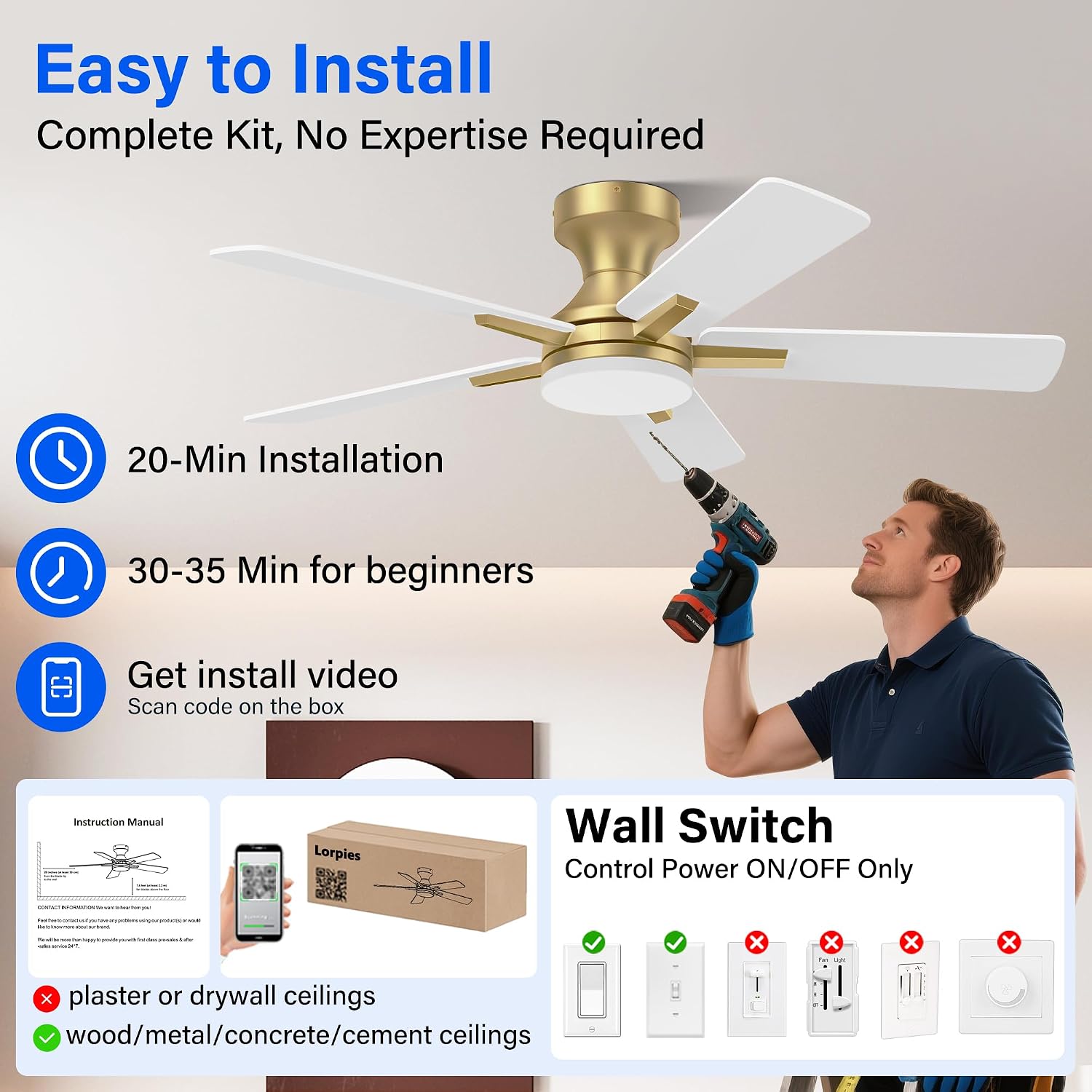 42 Inch Ceiling Fans with lights,RGB Low Profile Ceiling Fan with Light and Remote Control,Modern Flush Mount Ceiling Fans for Bedroom,Patio,Porch,Outdoor Indoor Use,in Black White and Gold,Quiet