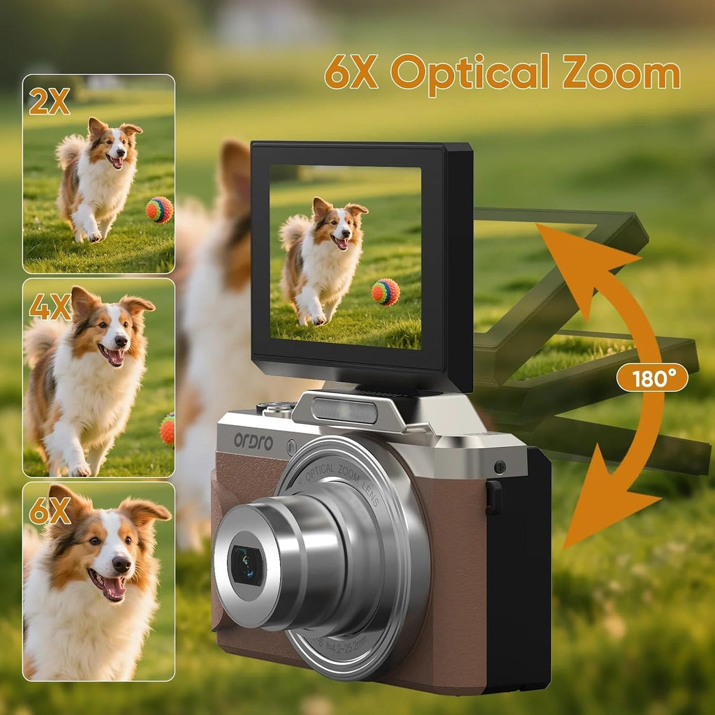 ORDRO Digital Camera, 4K Compact Camera, 6X Optical Zoom, 8MP Sensor, 2.8' 180° Flip Screen, Built-in Flash, WiFi, Suitable for Kids Teens Beginners