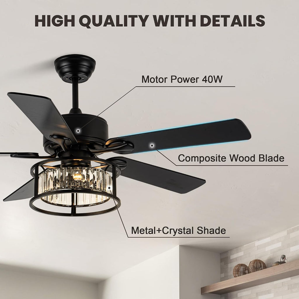 Dawn Whisper 52 Inch Chandelier Ceiling Fans with Lights and Remote Quiet and Reversible DC Motor Black Caged Modern Ceiling Fan for Bedroom Living Room