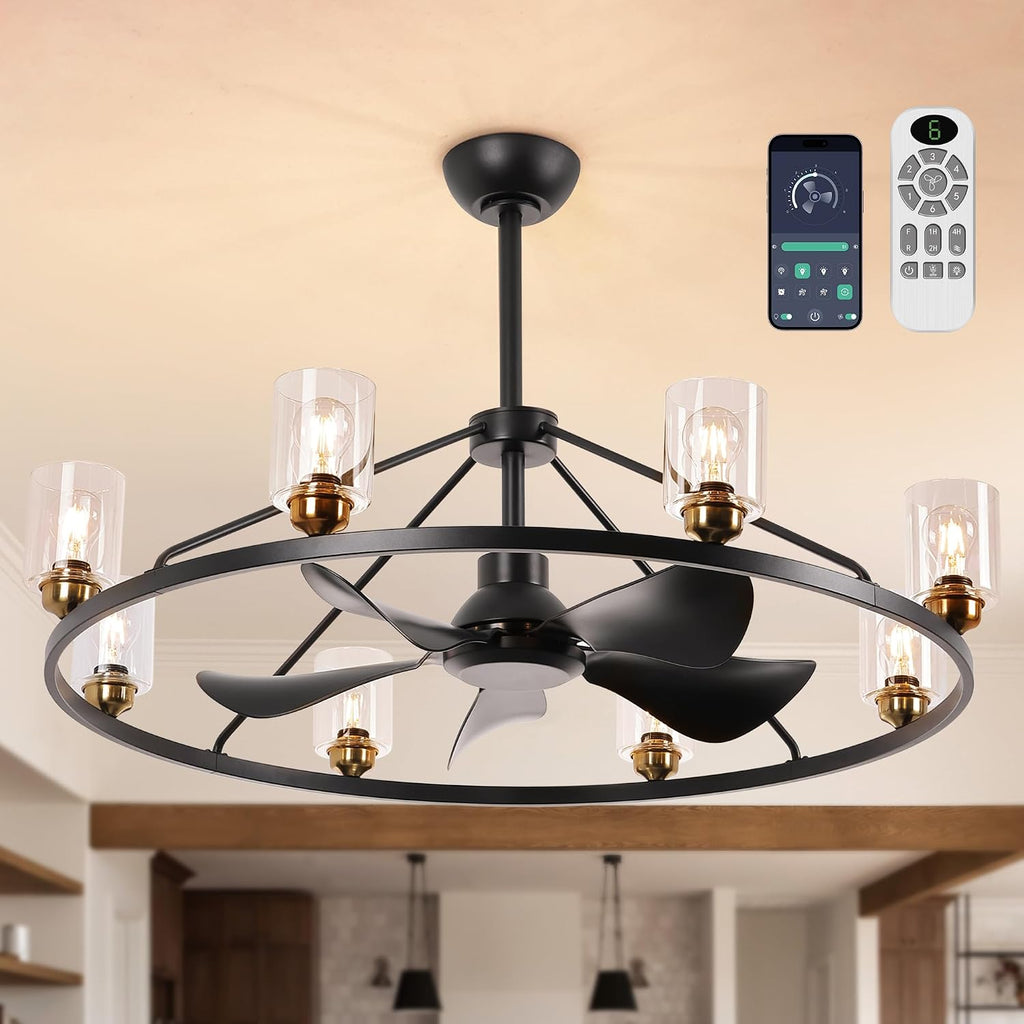 44 inch Ceiling Fans with Lights Wagon Wheel Chandelier, Farmhouse Fandelier Black Gold Fans with Glass Lampshade Light Fixture,App control,6 Speed,Timing,Adjustable Height for Dining Room Living Room