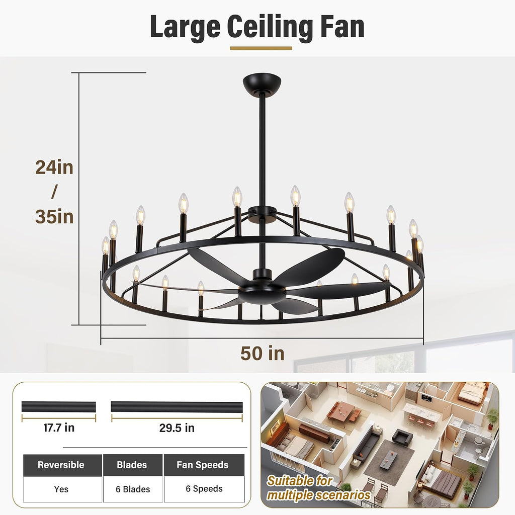 50' Farmhouse Chandelier Ceiling Fan with Light and Remote, 20-Lights Large Wagon Wheel Fandelier with Candle for Living Room,Rustic Walnut Fan with Light