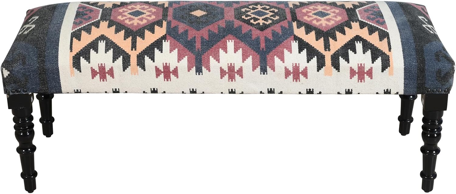 LR Home Upholstered Bench for Bedroom End of Bed |Southwestern Vintage Ottoman Bench with Cushion for Dining, Living Room, Entryway, Window, Outdoor | 47' W X 16' D X 18' H | Red/Ivory/Multicolor