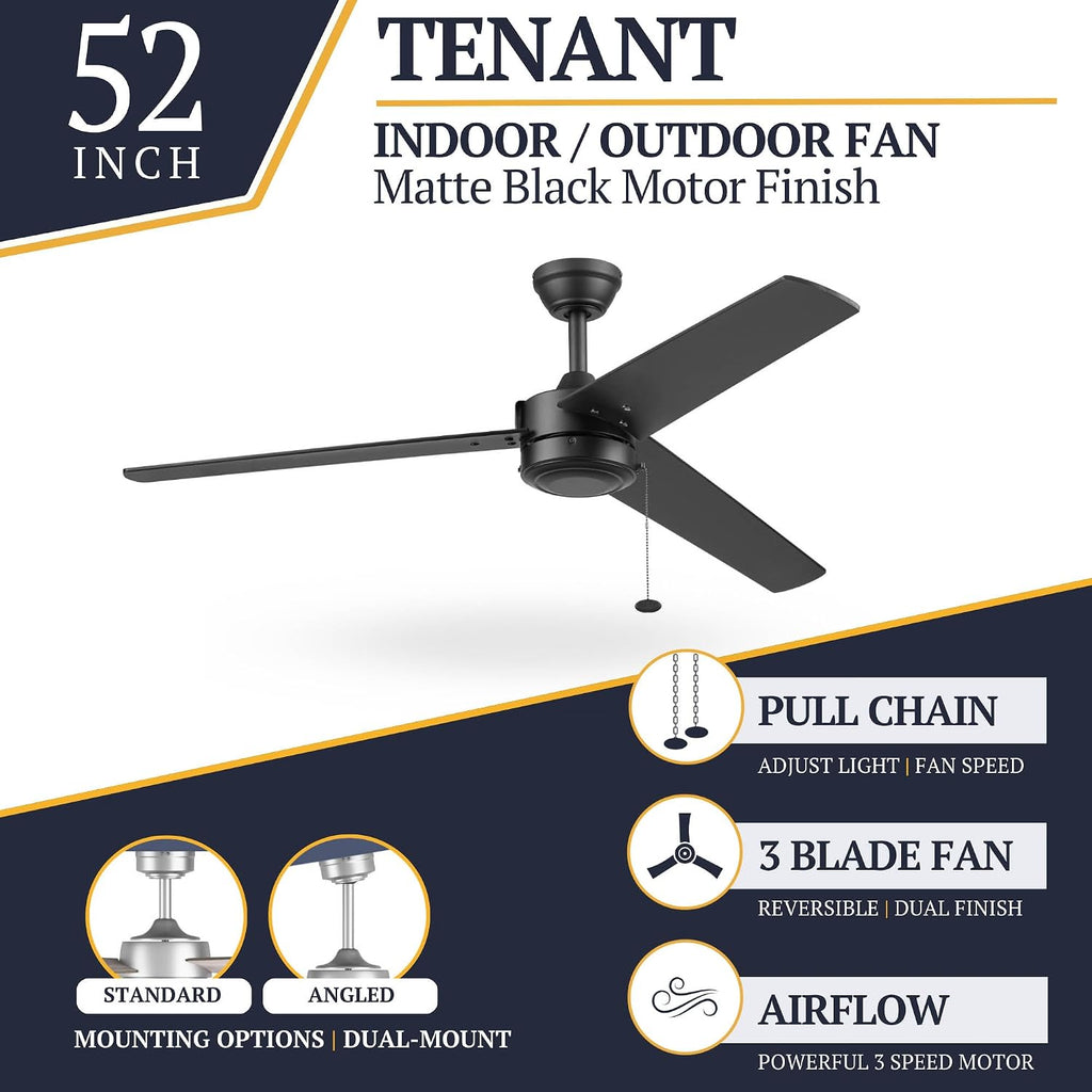Prominence Home Tenant, 52 Inch Contemporary Indoor Outdoor LED Ceiling Fan, No Light, Pull Chain, Dual Mounting Options, 3 Dual Finish Blades, Reversible Airflow - 51866-01 (Matte Black)