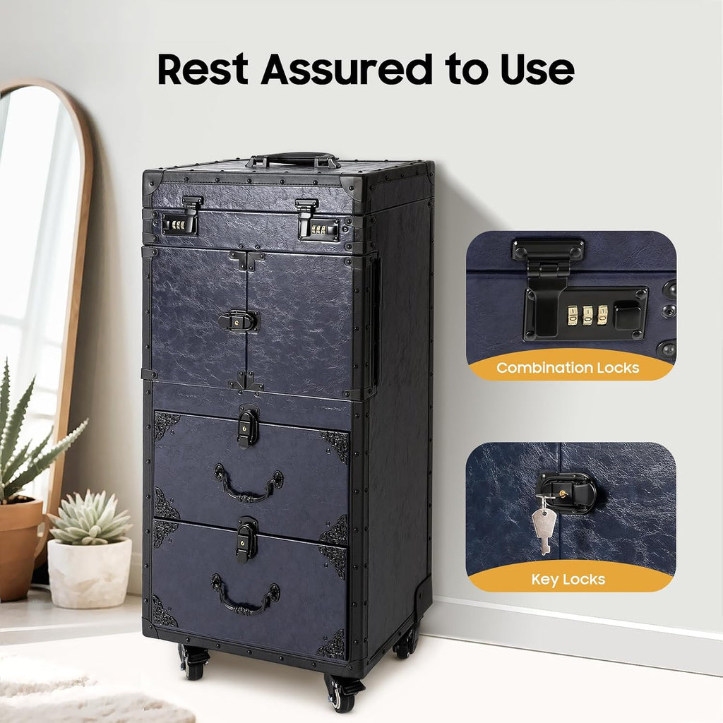 Professional Rolling Makeup Train Case for Beauty Salon & Barber - Large Capacity Cosmetic Luggage Travel Organizer with 8 Wheels & Combination Lock, Rolling Lockable,Cosmetic Train Cases