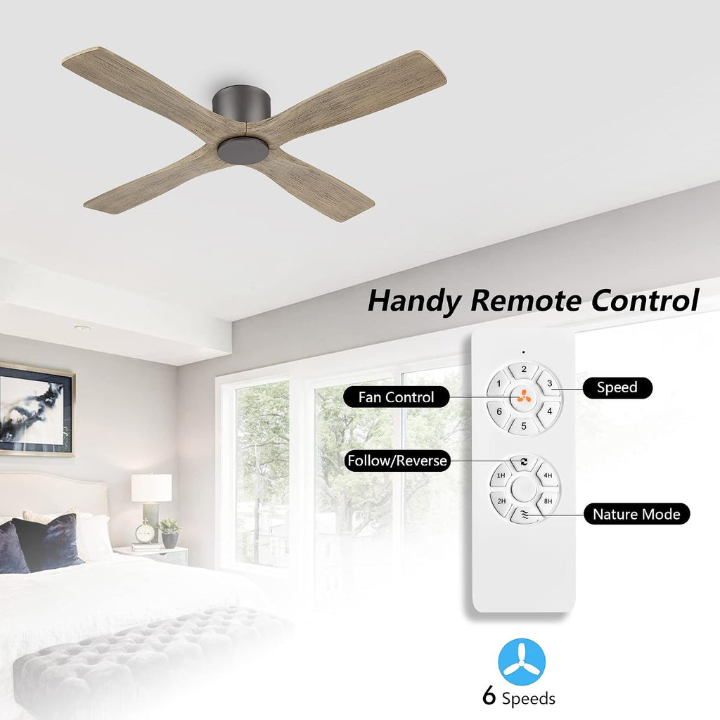 WINGBO 48 Inch Flush Mount DC Ceiling Fan without Lights, 4 Reversible Carved Wood Blades, 6-Speed Noiseless DC Motor, Hugger Ceiling Fan No Lights in Graphite Finish with Gray Blades, ETL Listed