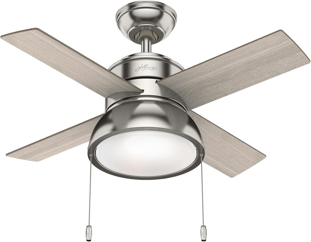 Hunter 36 inch Small Indoor Ceiling Fan with LED Light and Pull Chain - Standard Mount Ceiling Fan, 4 Blades, For Bedroom, Home Office, or Laundry Room, Quiet - Loki 51040, Brushed Nickel