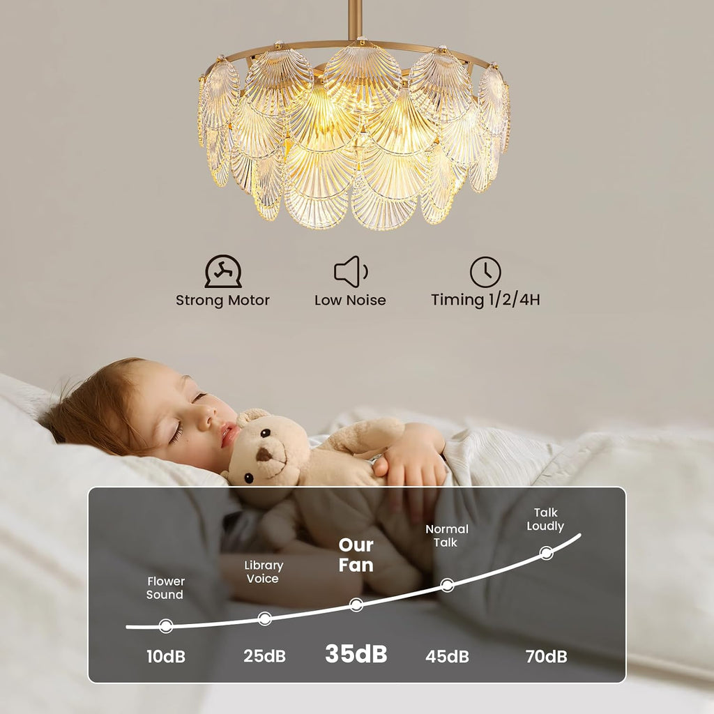 NOXARTE 22 Inch Crystal Ceiling Fan with Light, Multi-Tier Shell Cloud Glass Metal Caged Ceiling Fan Remote Control Modern Gold Fandelier Reverse Motor 6 Speeds Chandelier Fan for Living Room Bedroom