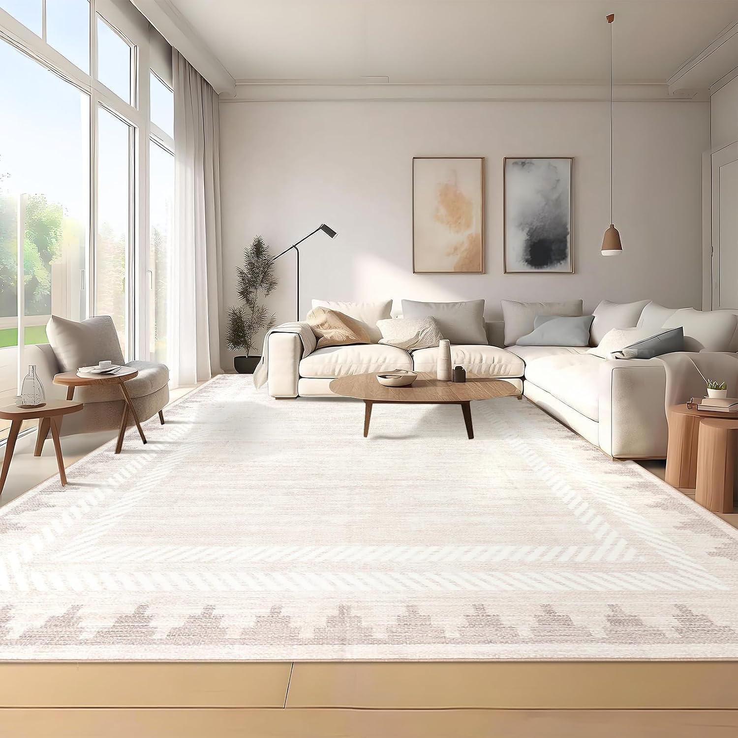 Washable 10x13 Area Rugs for Living Room Non Slip Modern Solid Bordered Rug, Stain Resistant Bordered Soft Carpet, Neutral Foldable Floor Rugs for Bedroom Dining Room Nursery Farmhouse,Ivory White