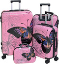Pink Butterfly 4-Piece Luggage Set, Hard Shell ABS+PC with 360° Spinner Wheels, Combination Lock, Glossy Scratch-Resistant Surface & Waterproof Interior (20/24/28'+14' Bag)