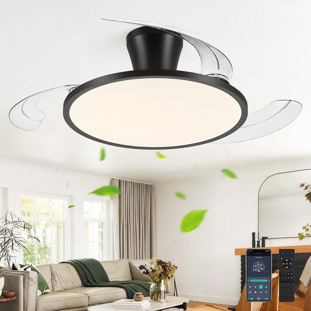 42' Retractable Ceiling Fan with Light, Slim Fandelier Ceiling Fans with Remote & App Control, Full Spectrum, Low Profile Modern Ceiling Fan for Bedroom Living Room Kitchen, Black