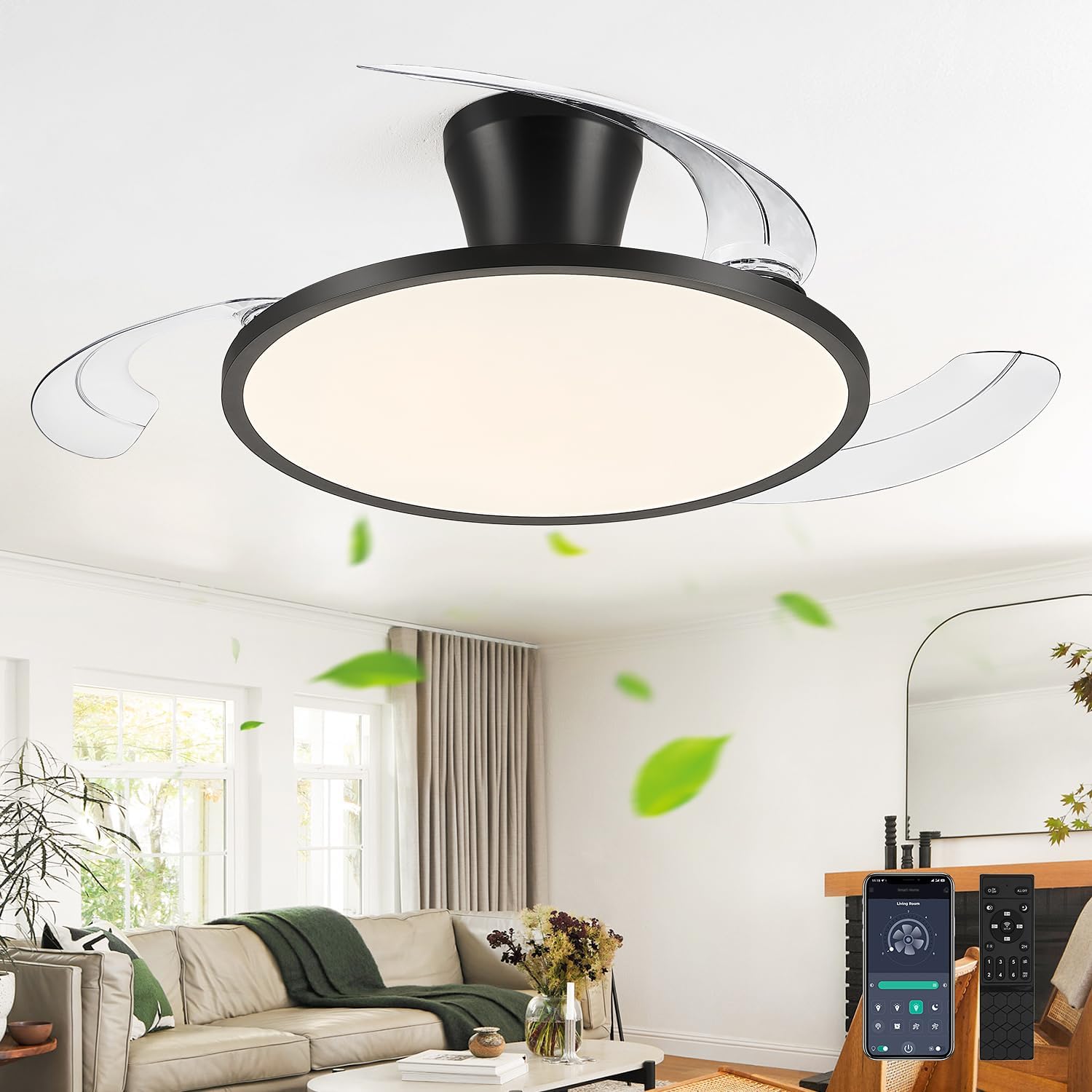 42' Retractable Ceiling Fan with Light, Slim Fandelier Ceiling Fans with Remote & App Control, Full Spectrum, Low Profile Modern Ceiling Fan for Bedroom Living Room Kitchen, Black