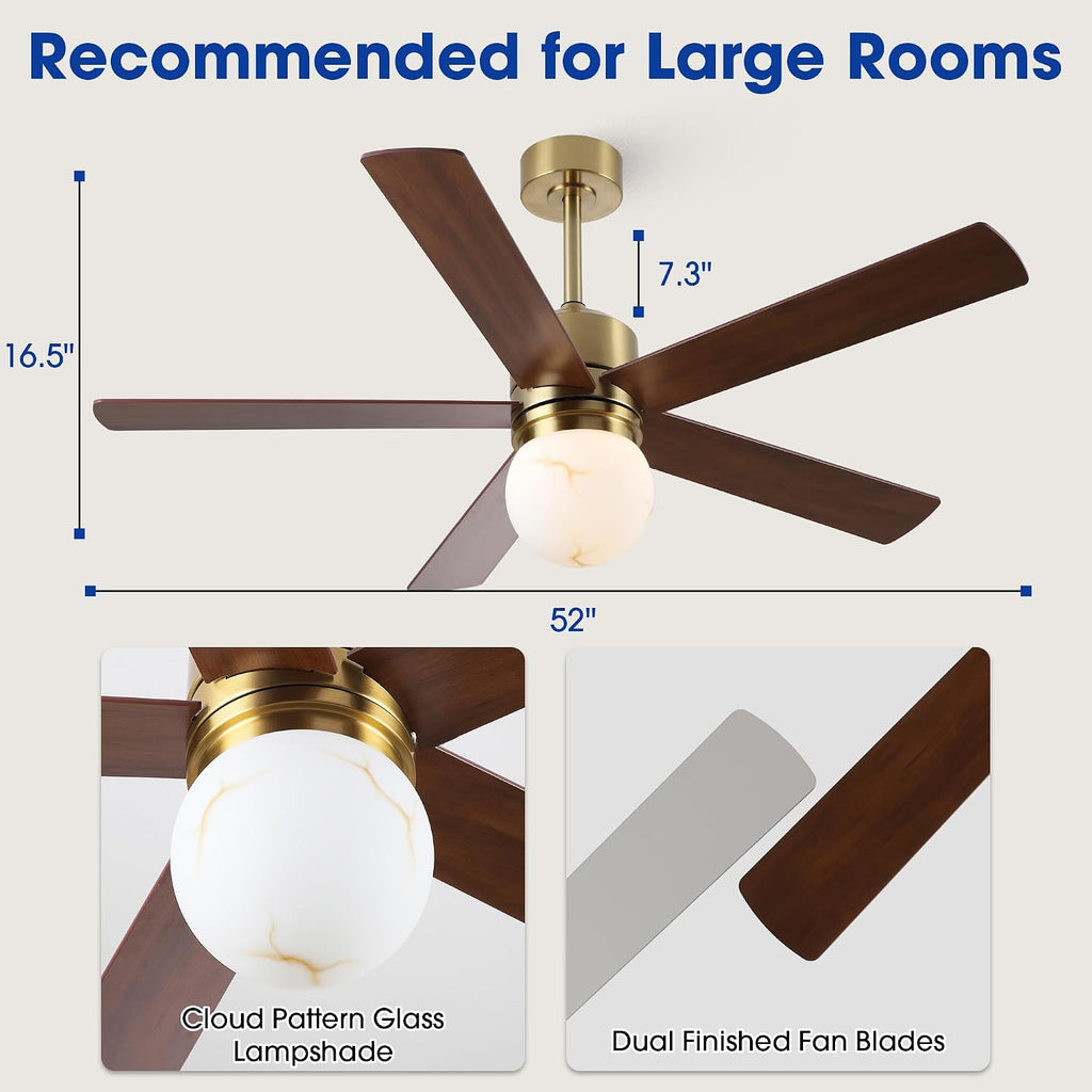 Gold Ceiling Fans with Lights and Remote, 52 Inch Rustic Ceiling Fan with Light for Bedroom, Chandelier Ceiling Fans for Living Room Indoor Outdoor, 6-Speed Reversible DC Motor, Dimmable LED 3CCT