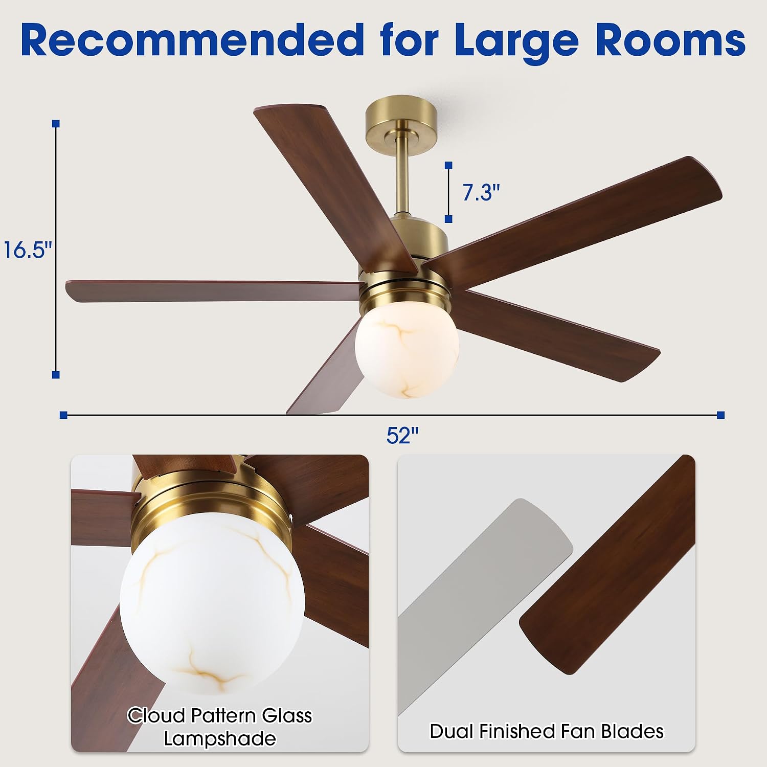 Gold Ceiling Fans with Lights and Remote, 52 Inch Rustic Ceiling Fan with Light for Bedroom, Chandelier Ceiling Fans for Living Room Indoor Outdoor, 6-Speed Reversible DC Motor, Dimmable LED 3CCT