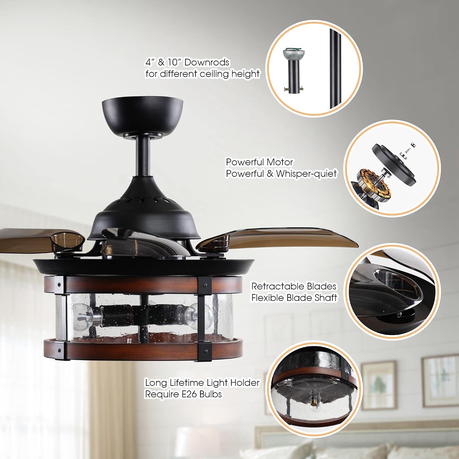 Parrot Uncle Ceiling Fans with Lights and Remote Farmhouse Bedroom Ceiling Fan with Light and Retractable Blades, Black, 36 Inch