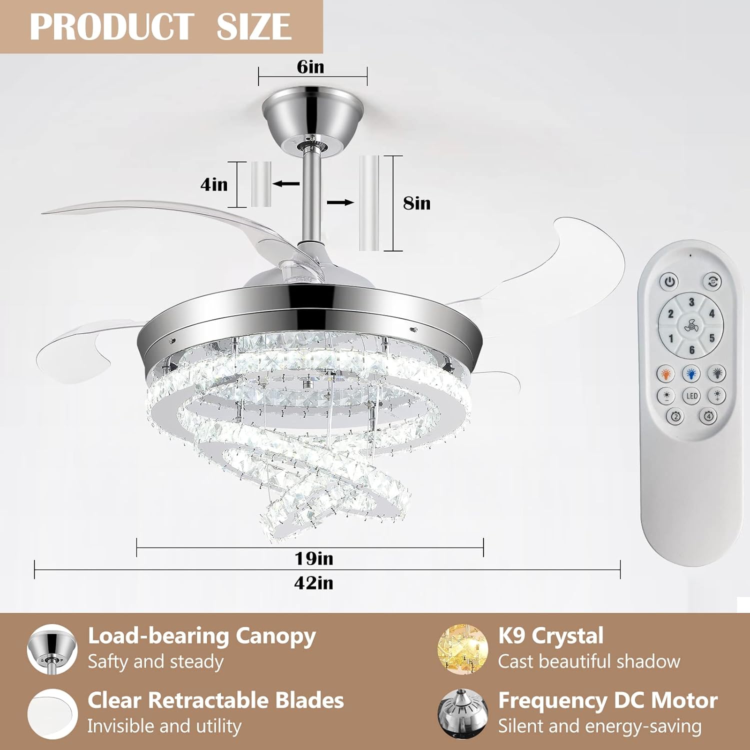 42' Crystal Ceiling Fan with Lights,Modern DIY Crystal Chandelier Ceiling Fan with Remote Control,Invisible Retractable Ceiling Fan for Living Room Bedroom Dining Room (Small Crystal, Silver)