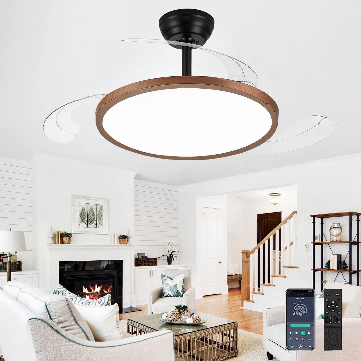 48 Inch Retractable Ceiling Fan with Lights, Fandelier Ceiling Fan for Bedroom Living Room Dinning Room, Chandelier with Fan 6 Speed, 3 Color Temperature, Reversible DC Motor-Black