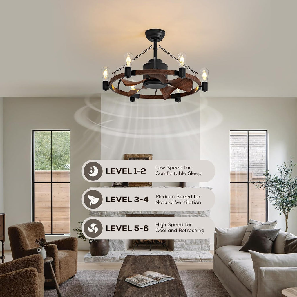 LUDOMIDE Ceiling Fan with Light, 28' Rustic Chandelier Ceiling Fan with Remote Control, Farmhouse Caged Ceiling Fan with Lights for Bedroom, Kitchen, Living Room, Dining Room