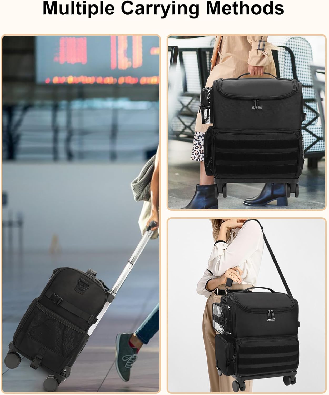 Relavel Rolling Makeup Train Case, Cosmetology Case on Wheels with 4 Clear Bags, Professional Makeup Artist Set Bags Cosmetic Storage Organizer with Adjustable Dividers, 360° Spinner Wheels, Black