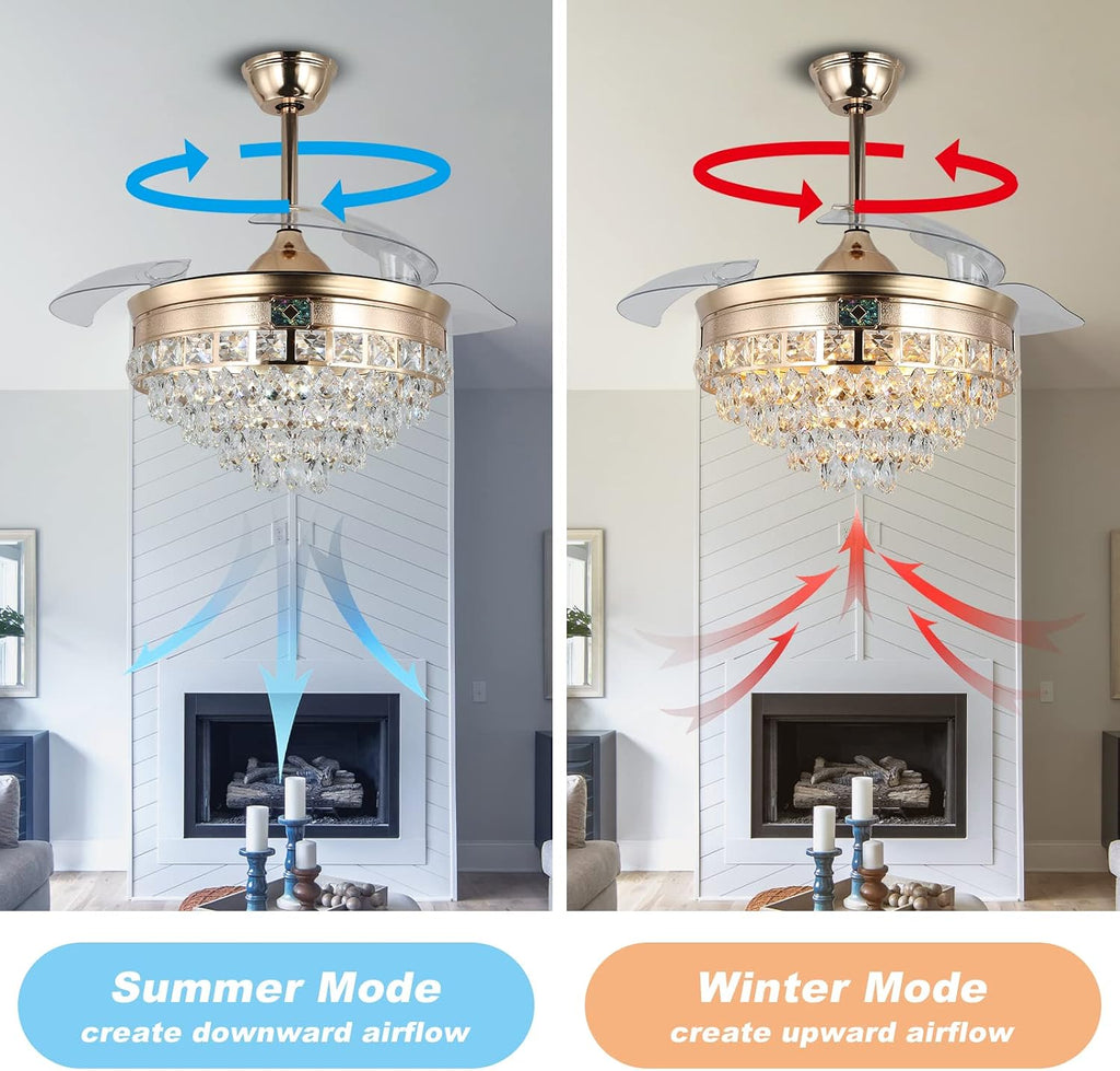 42' Modern Crystal Chandelier Ceiling Fan with Lights Gold Dimmable Fandeliers LED Invisible Fandelier Crystal Chandelier Fan 3 in 1 Color with Memory Function