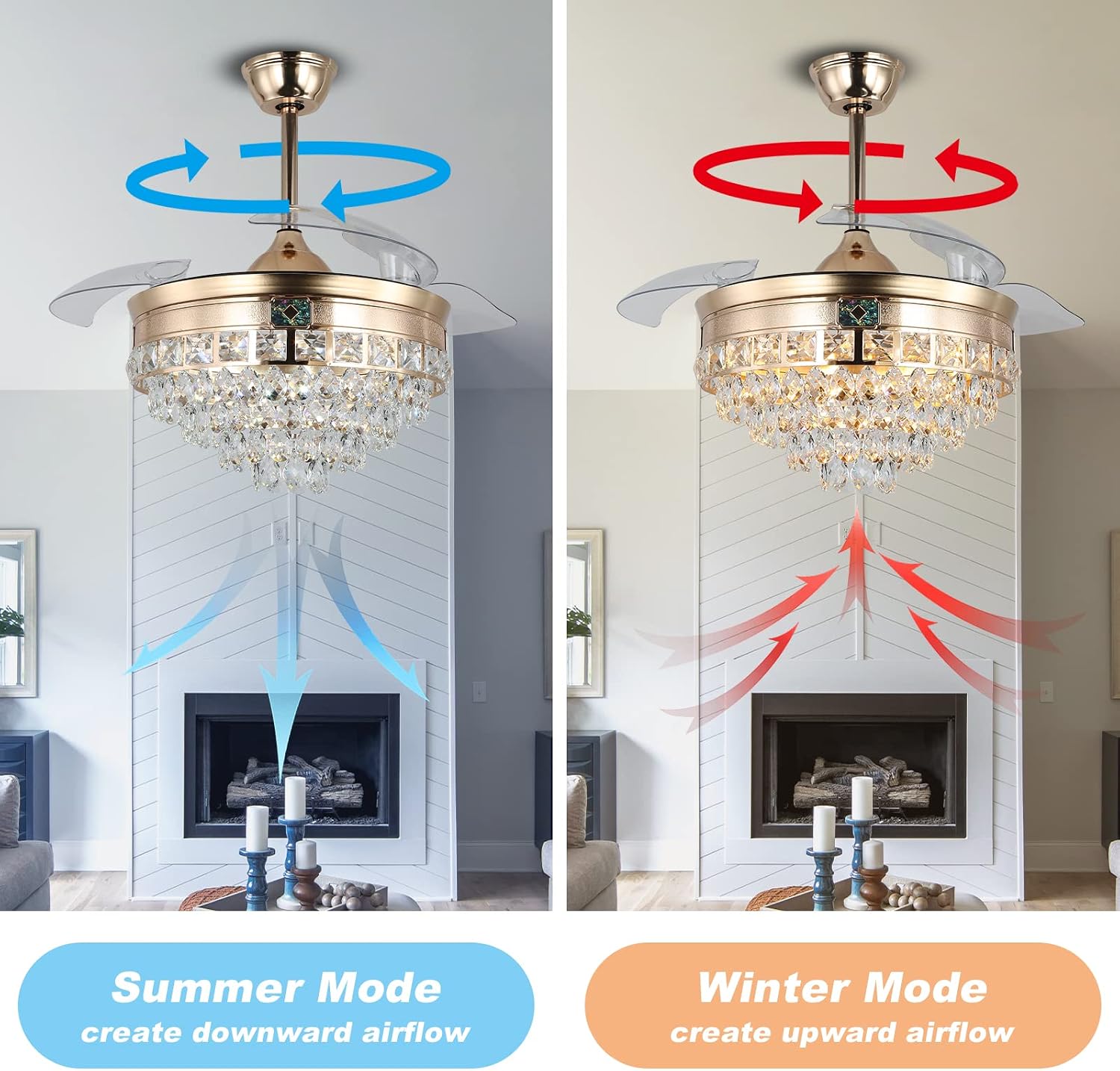 42' Modern Crystal Chandelier Ceiling Fan with Lights Gold Dimmable Fandeliers LED Invisible Fandelier Crystal Chandelier Fan 3 in 1 Color with Memory Function