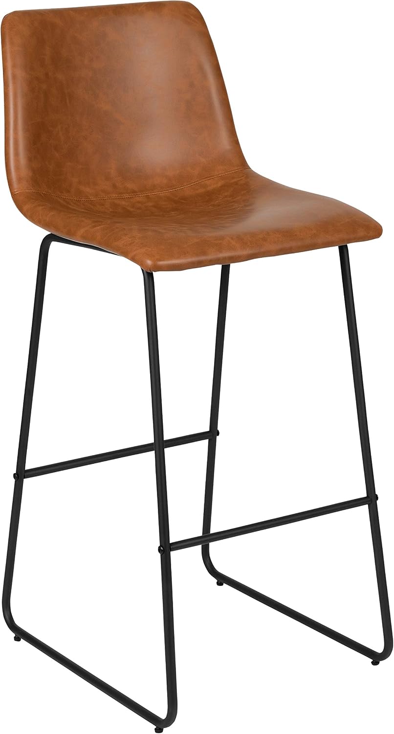 Flash Furniture Reagan 30' LeatherSoft Barstools with Footrest, Mid-Century Modern Bucket Style Bar Height Stools, Set of 2, Light Brown