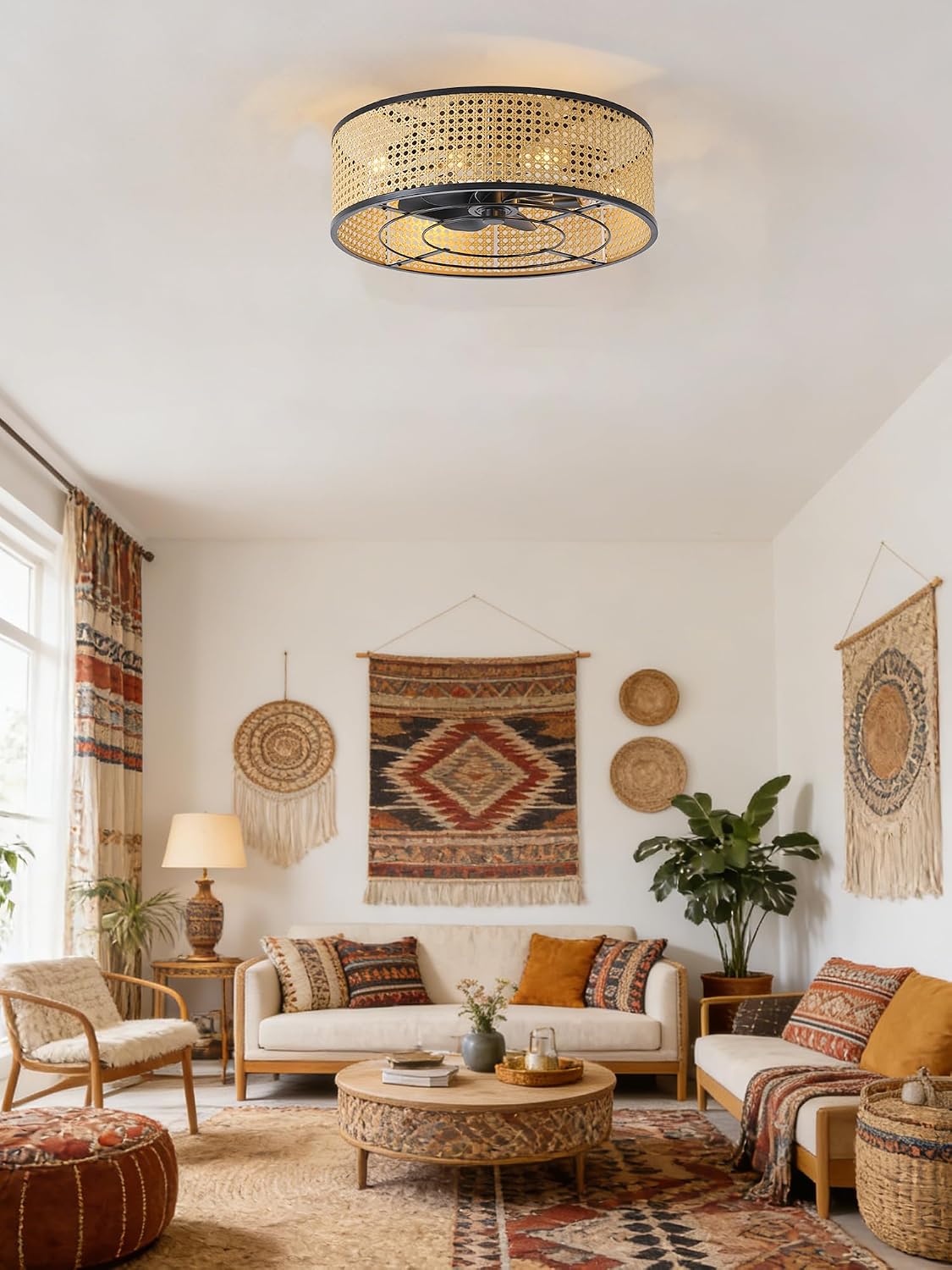 Boho Caged Ceiling Fan with Light, 20' Rattan Flush Mount Ceiling Fans with Lights Remote Contro, Bladeless Enclosed Fandelier Fan Safe for Bedroom, Living room, Nursery