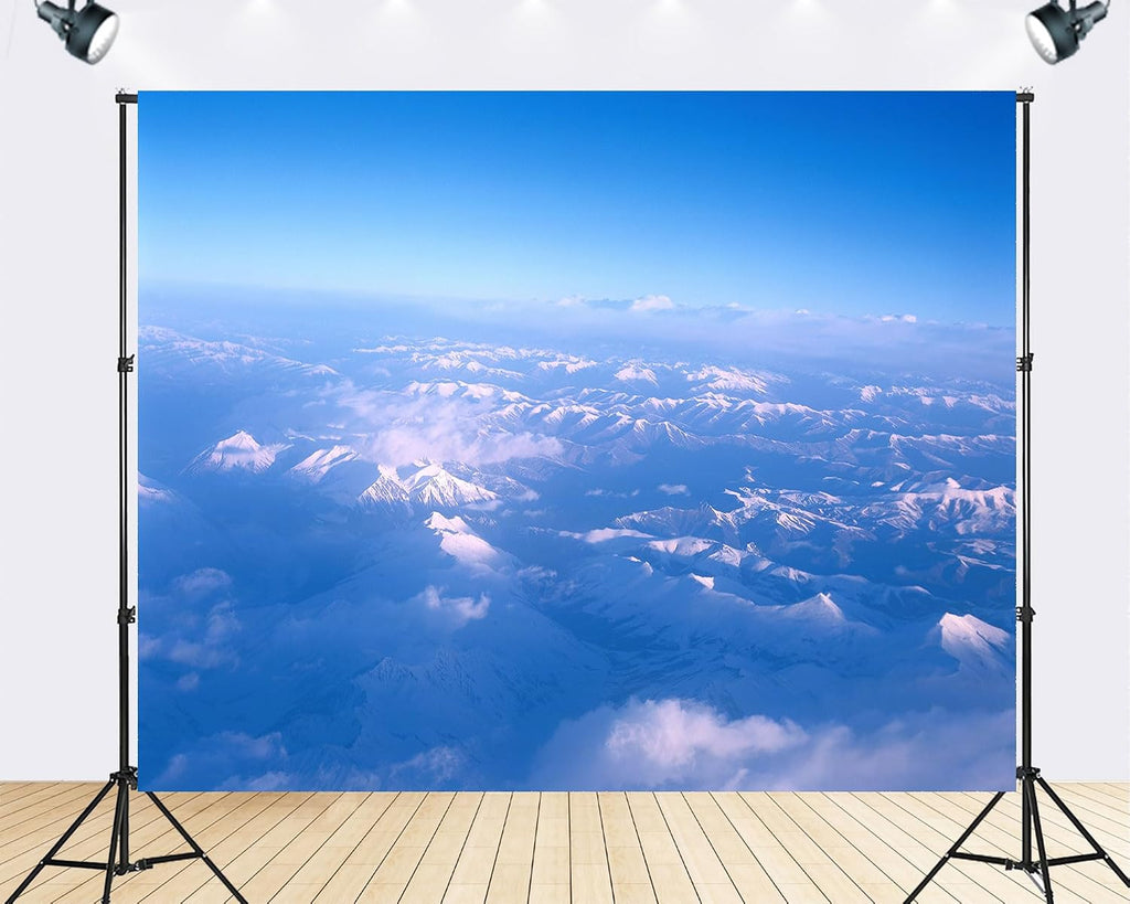 Trykid 20x10ft Aerial Snow Capped Ranges Backdrop Misty Clouds Clear Blue Sky Layered Mountainscape Vast Wilderness Photography Background Travel Event Decoration Photo Booth Prop Fabric